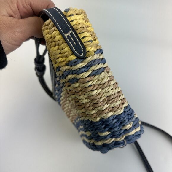 Universal Thread Straw Purse Flap Snap Blue Faux Leather Yellow Striped Small - Picture 4 of 14